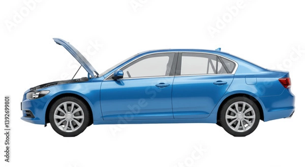 Fototapeta Isolated Blue Car with Hood Open for Automotive Repair and Maintenance