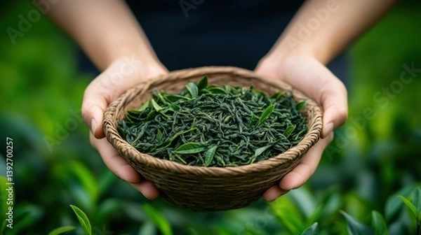Fototapeta Fresh green tea leaf closeup view.