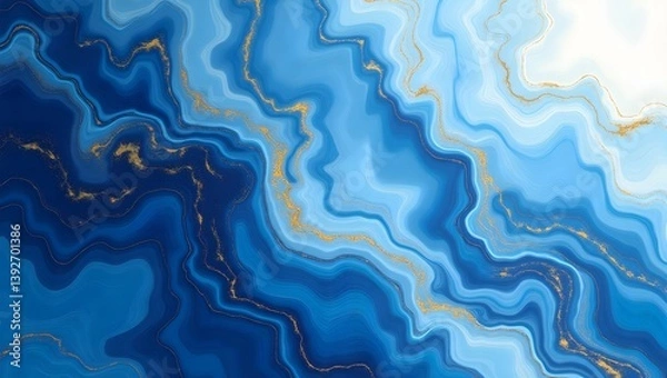 Fototapeta Abstract digital painting featuring flowing blue and navy tones with shimmering gold accents, resembling agate stone patterns or fluid waves. 