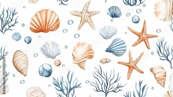 Obraz Watercolor seamless pattern with seashells, starfish and seaweed design