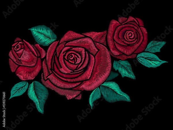 Obraz Embroidery colorful floral pattern with simplified roses and leaves. Vector traditional folk fashion ornament on black background for design.
