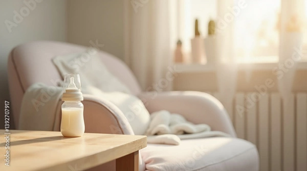 Fototapeta Baby bottle with milk on a table in the baby's room with a nursing chair in the background
