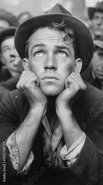 Fototapeta A thoughtful man gazes upward, surrounded by a crowd in deep contemplation. great depression unemployment historical crisis