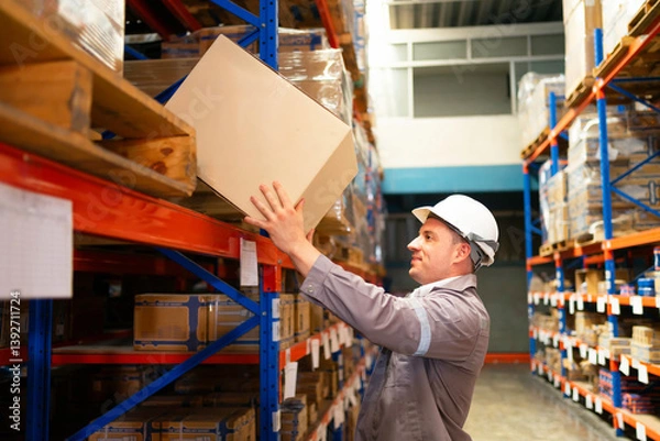 Fototapeta A warehouse worker organizes boxes on high shelves, showcasing efficiency and safety in logistics operations.