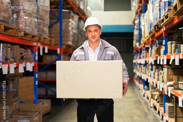 Fototapeta A warehouse worker is carrying a box, showcasing diligence and teamwork in a productive environment.