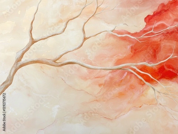Fototapeta An abstract painting features a stylized white tree branch extending over a vibrant coral and peach colored background creating a serene and calming atmosphere perfect for modern