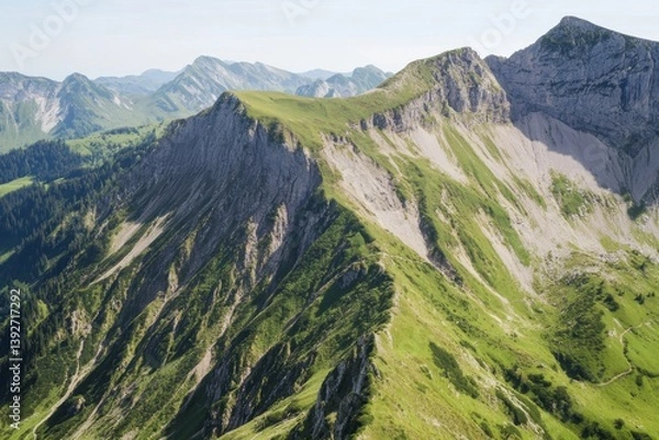 Fototapeta Mountainous ridge with lush green slopes under a clear sky backdrop