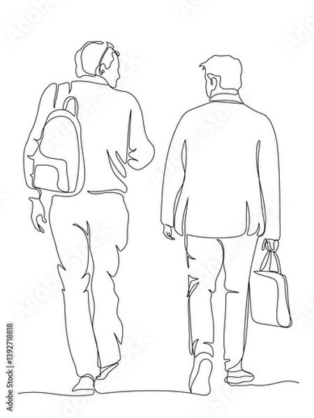 Fototapeta 2 men businessmen talking and walking away. Wear suits, holding notebook bag. Back view. Continuous line drawing. Black and white vector illustration in line art style.