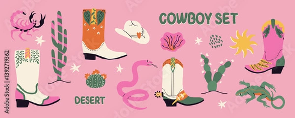Fototapeta Wild west quirky cowboy set. Western groovy theme. Bundle with boots, hat, scorpion, lizard. Hand drawn vector illustration.