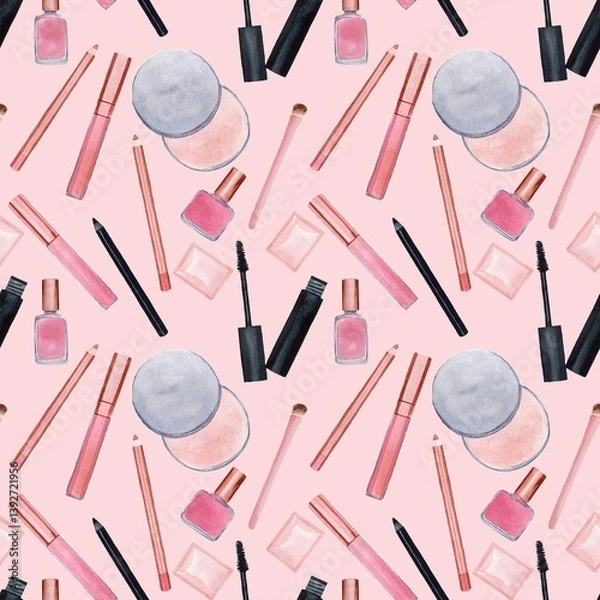 Fototapeta Seamless pattern with cosmetic products - powder, eye shadow, lip gloss. Handmade watercolor illustration on pink background. For wrapper, textile