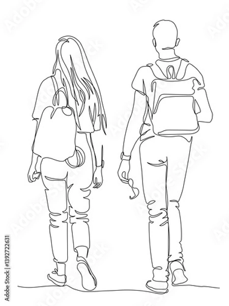 Fototapeta Couple man and woman with backpacks walking away. Back view. Continuous line drawing. Black and white vector illustration in line art style.