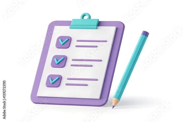 Obraz 3D Clipboard with Checklist and Teal-Lavender Pencil