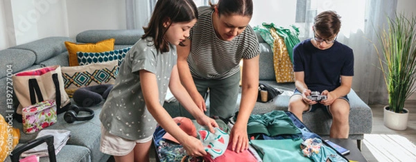 Fototapeta Banner of mother and daughter carefully placing clothes into suitcase over table, teenage son checking photos on camera in background, getting ready for summer vacation. Family preparing bags for trip