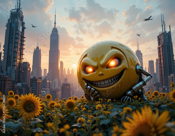 Obraz Creepy Glowing Emoji Robot in a Sunflower Field with Cityscape
