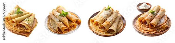 Fototapeta Thin crepes filled with coconut and jaggery on a transparent background.