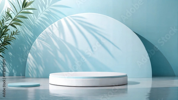 Obraz Minimalist, light blue product display podium with tropical shadows.