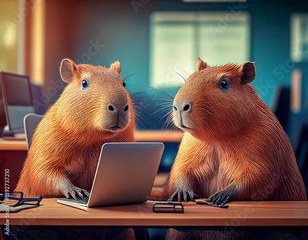 Fototapeta Two cute professional capybara working together at work desk with laptop computers