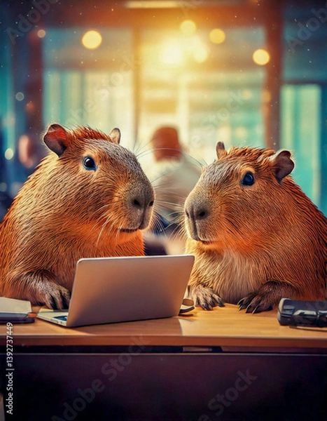 Obraz Two cute professional capybara working together at work desk with laptop computers