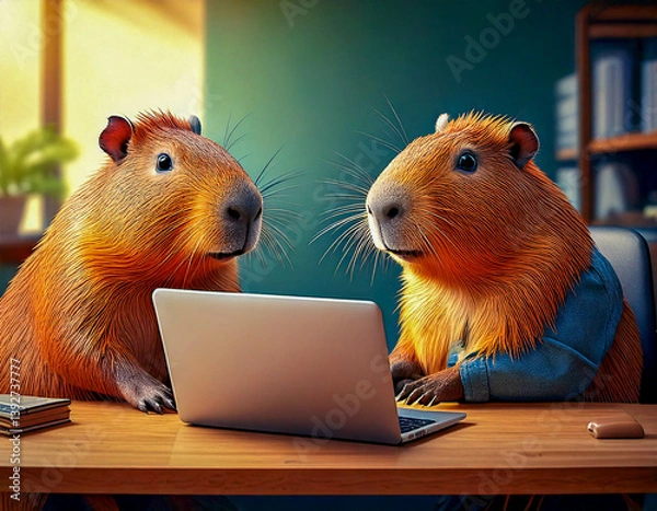 Fototapeta Two cute professional capybara working together at work desk with laptop computers