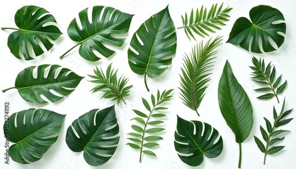 Fototapeta Collection of diverse green tropical leaves isolated on white background. Various leaf shapes, sizes in an artistic arrangement suitable for eco-friendly design, summer decor, nature-inspired artwork.