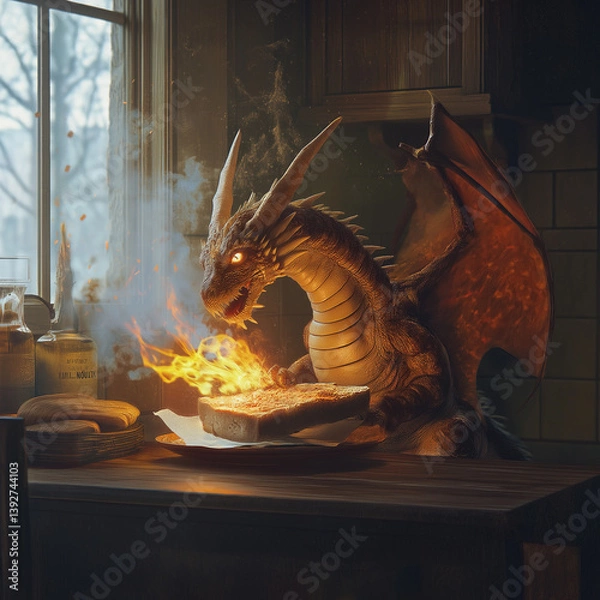 Fototapeta dragon thats afraid of fire sneezing and accidentally burning toast.