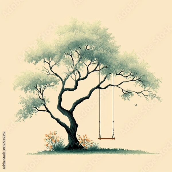 Obraz serene tree with sprawling branches and swing, evoking sense of nostalgia and peace