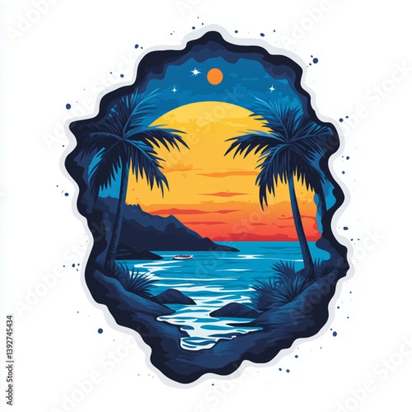 Obraz serene beach scene with palm trees, vibrant sunset, and calm waters evokes tranquility