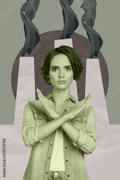 Fototapeta Exclusive artwork banner creative collage of serious girl volunteer show stop gesture crossed hands air pollution emission