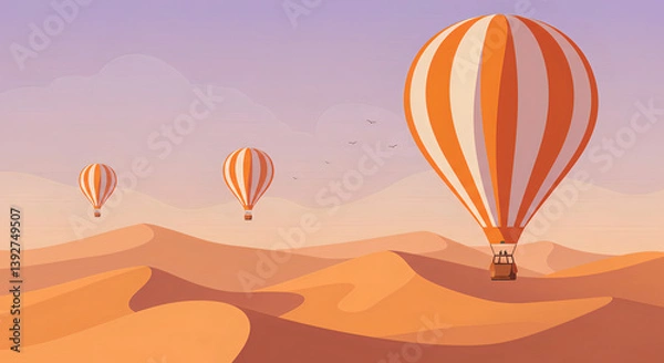 Fototapeta Illustration of Colorful Balloons Floating Over the Desert Landscape, Drifting Above the Sand Dunes with a Peaceful, Serene Atmosphere