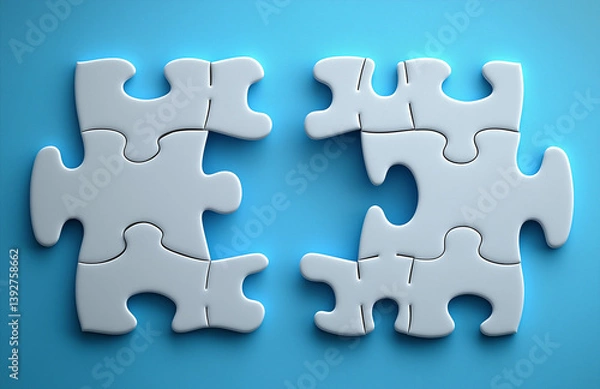 Obraz Ultra-realistic white jigsaw puzzle with a missing piece on a light blue background