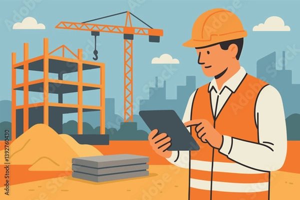 Fototapeta Construction site management with engineer using tablet technology