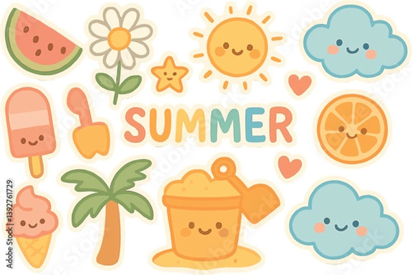 Fototapeta Cute summer clipart collection with smiling sun, clouds, ice cream, and beach elements for diy crafts