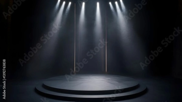 Obraz A dimly lit stage with circular platforms, illuminated by beams of light, creating a dramatic atmosphere suitable for performances or presentations.