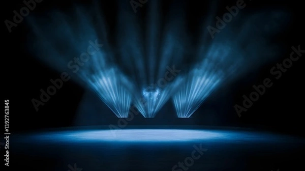 Fototapeta A stage illuminated by blue spotlights, creating a dramatic atmosphere with hazy light effects.