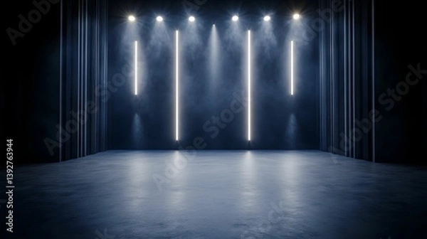 Fototapeta A minimalist stage setting with dim lighting and vertical light stripes, creating a dramatic atmosphere suitable for performances or events.