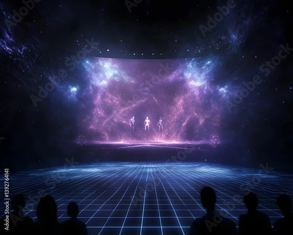 Fototapeta A futuristic scene depicts a vibrant, cosmic display with figures in a digital environment, creating an immersive experience for the viewers.