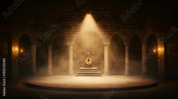 Obraz A serene musical instrument is illuminated on a stage within a stone archway environment, creating an atmospheric and artistic setting.