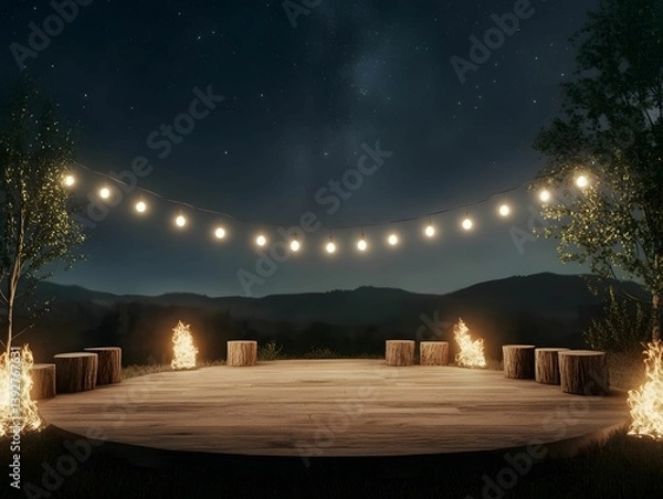 Fototapeta A serene outdoor stage at night, illuminated by string lights and surrounded by logs, with a backdrop of mountains and a starry sky.