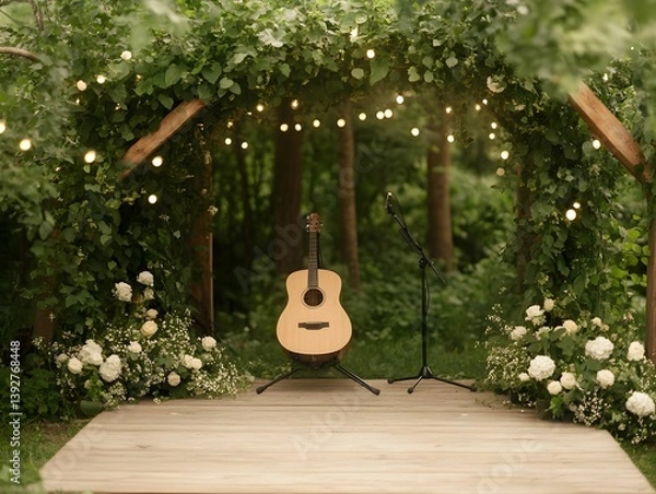 Fototapeta A charming outdoor stage adorned with greenery and flowers, featuring a guitar and microphone, perfect for a musical performance in a serene setting.