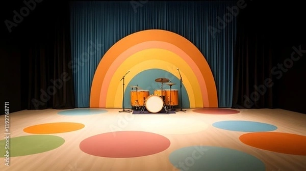 Fototapeta A vibrant stage featuring colorful circles and a rainbow backdrop, set for a performance with drums at the center.