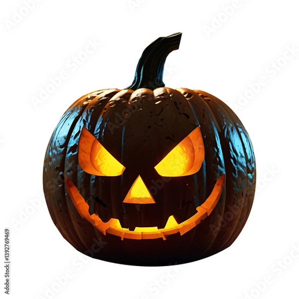 Fototapeta Scary Halloween Pumpkin Lantern with Glowing Evil Face – Isolated on Transparent Background.
