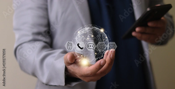 Fototapeta Connectivity, Contact, Global, Application, Big Data, Call Customer, Support, Contact Us or Customer Support Hotline where people contact, Businessman using laptop, Email, Address, Live Chat, Wifi Int