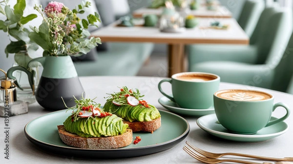 Fototapeta Delight in this premium food experience featuring vibrant avocado toast paired with coffee in stylish cafe setting