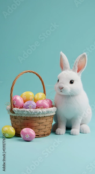 Obraz Fluffy bunny is sitting next to a wicker basket full of colorful easter eggs on a pastel blue background.