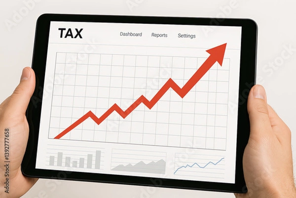 Fototapeta A person holding a tablet displaying a graph with a rising trend labeled "TAX," indicating financial growth or analytics.