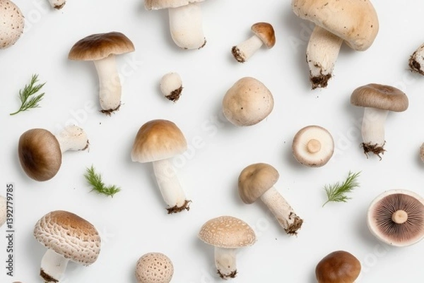 Fototapeta minimalistic display of diverse mushrooms scattered on plain white background