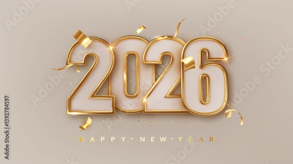 Fototapeta 2026 Gold 3d Number for Happy New Year Background. Elegant Numbers indicating the Date of the New Year. Banner for greeting Card or Calendar