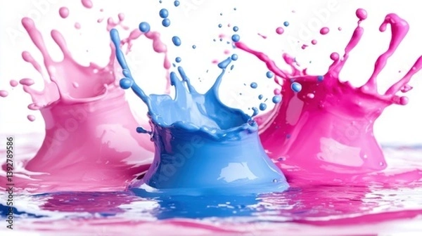 Fototapeta Three colorful splashes of pink and blue water colliding in mid-air creating a stunning and hyper-realistic effect