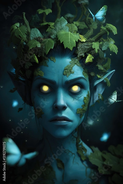 Fototapeta A beautiful elf with glowing blue skin in the middle of the forest 
