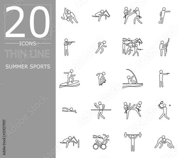 Obraz eps 10 vector set of summer sport icons. Thin line sport signs collection. Indoor and outdoor activities, single and team sport included. Graphic illustration clip art for design, mobile, web, print